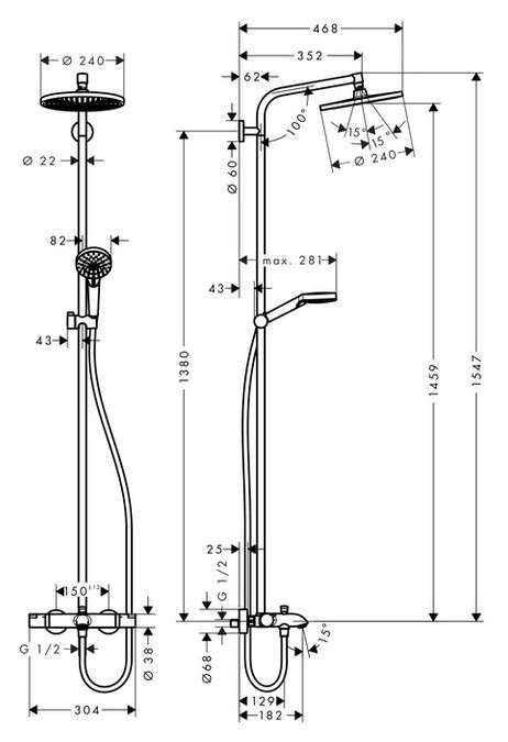 Душова система з термостатом Hansgrohe Crometta S 240 Showerpipe (27320000) Хром фото №2