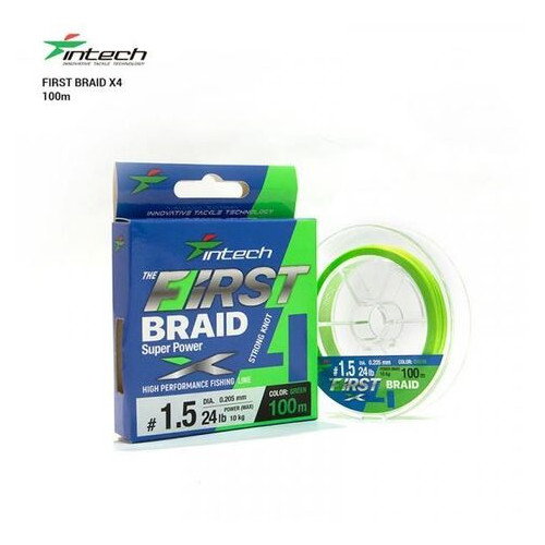 Шнур плетений Intech First Braid X4 Green 100m (1.5 (24lb/10.0kg)) фото №1