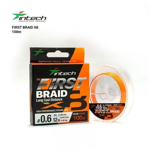 Шнур плетений Intech First Braid X8 Orange 100m (2.5 (36lb /16.34kg)) фото №1