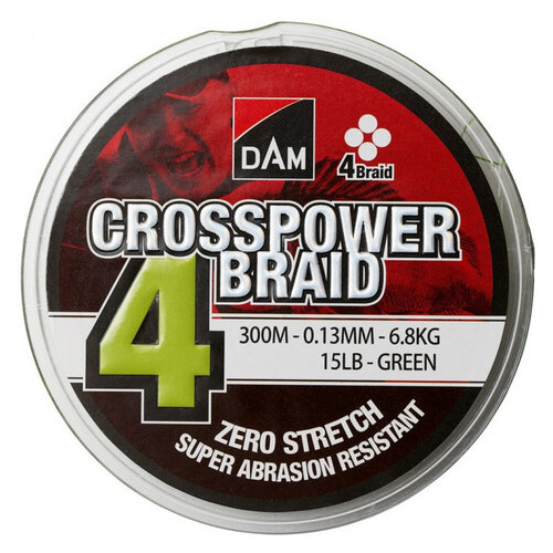 Шнур рыболовный DAM Crosspower 4-Braid 300м 0.13мм 6.8кг 15 Lb Green фото №1