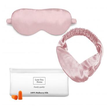 Набір: маска + пов'язка для волосся + чех + беруші, 100 рожевий шовк (m018454) фото №1