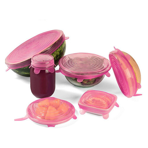Силіконові кришки Chizequar універсальні для посуду 6 шт Рожевий з малюнком (289-2019) фото №6