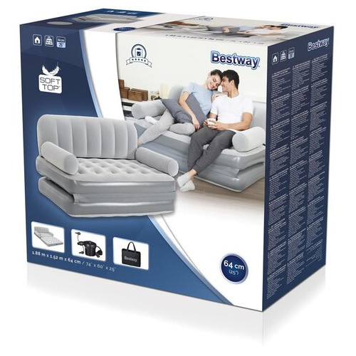 Надувний диван Bestway 75073-2, 188 х 152 х 64 см, з електричним насосом та подушками Сірий фото №12