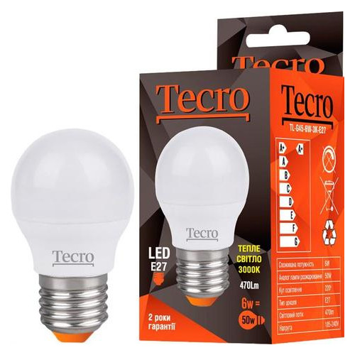 Лампочка світлодіодна Tecro TL-G45-6W-3K-E27 фото №1