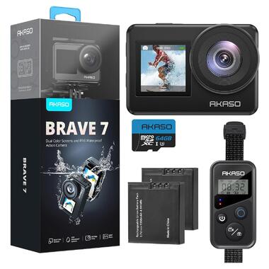 Екшн-камера AKASO Brave 7 4K Black (з карткою 64GB та додатковим екраном) фото №1