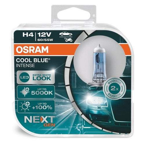 Комплект галогенових ламп Osram H4 12V 60W P43t Cool Blue Intense Next Gen 100% 2шт/комп (64193CBN-HCB) фото №2