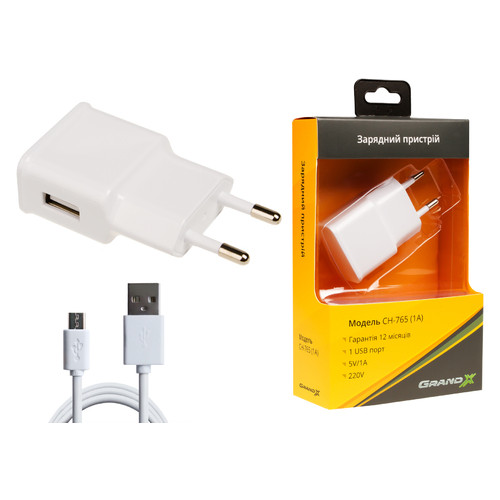 Зарядний пристрій Grand-X 1*USB, 1A, White, cable USB -> Micro USB, Cu, 2.1А, 1m (CH-765UMW) фото №6