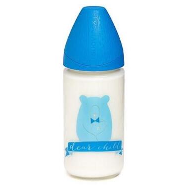 Пляшечка для годування Suavinex Сенс життя, 240 мл, скляна, синій ведмідь (303489) фото №1
