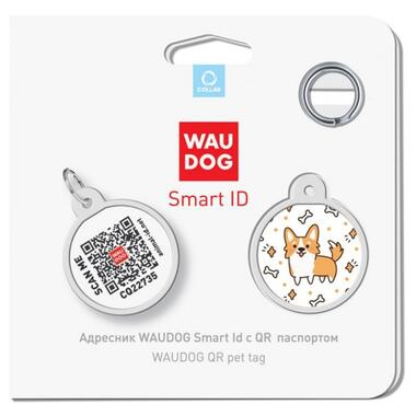Адресник для собак та котів металевий WAUDOG Smart ID з QR паспортом, малюнок Корги, коло, Д 25 мм(0625-0212) (4823089331249) фото №4