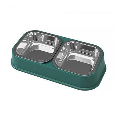 Подвійна миска для собак котів DT712 small пластик + нержавіюча сталь Green фото №1