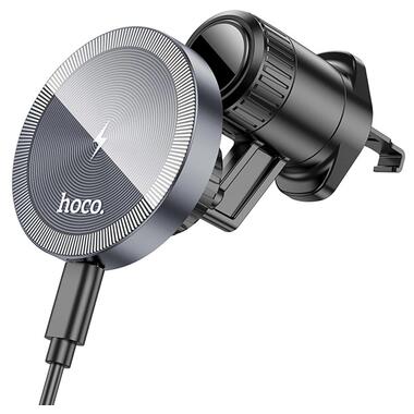 Автоутримувач із БЗУ Hoco HW6 Vision metal magnetic (air outlet) Black / Metal gray фото №1