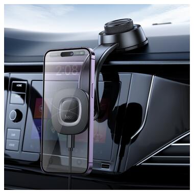 Автодержатель для телефона з БЗП HOCO HW31 Crown magnetic wireless charging car holder(center console) Black Metal Gray (6942007646932) фото №9