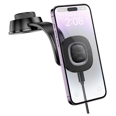 Автодержатель для телефона з БЗП HOCO HW31 Crown magnetic wireless charging car holder(center console) Black Metal Gray (6942007646932) фото №3