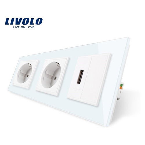 Розетка тримісна силова із заземленням та USB 2.1А 5V Livolo колір білий скло (VL-C7C2EU1USB0-11) фото №2