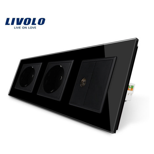 Розетка тримісна з ТБ виходом Livolo колір чорний матеріал скло (VL-C7C2EU1VK0-12) фото №1