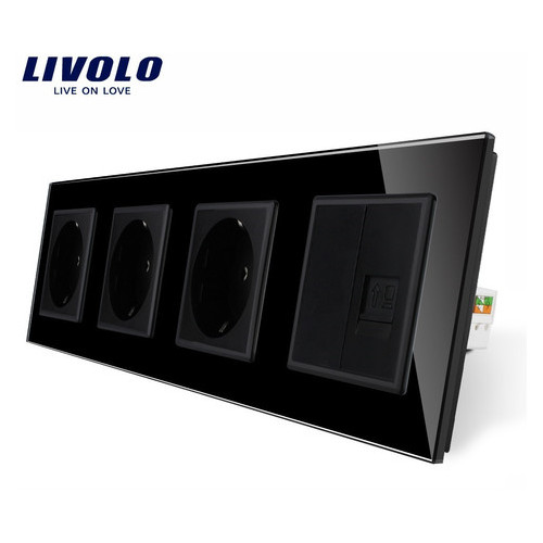 Розетка чотиримісна з інтернет-розеткою Livolo колір чорний скло (VL-C7C3EU1CK0-12) фото №1