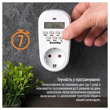 Таймер-розетка ColorWay (16A/3680W) электронный недельный 7D (CW-STE01-7D) фото №9