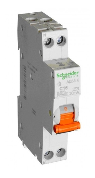 Автоматичний диференціальний вимикач Schneider Electric АД63К 1П+Н 20A 30MA C 18мм 12523 (90004766) фото №1