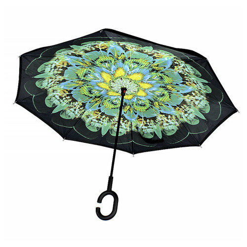 Парасолька зворотного складання Lesko Up-Brella Зелений Павич з малюнком смарт парасолька навпаки механічна фото №1