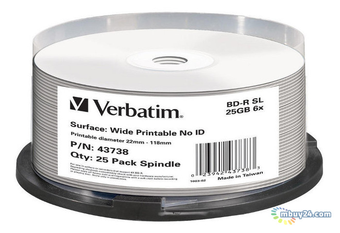 Диски Verbatim BD-R Printable 25GB 6x Cake Box 25шт (43738) фото №1
