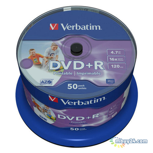 Диски Verbatim DVD R Printable 4,7GB 16x Spindle Packaging 50шт (43512) фото №1