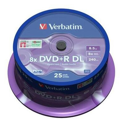 Диск DVD Verbatim 8.5Gb 8x CakeBox 25 шт Matt Silver (43757) фото №1