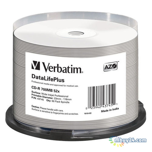 Диски Verbatim CD-R 50pk, SP AZO 700MB 52X DL White Wide Printable Surface Non-id (43745) фото №1