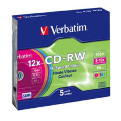 Диск CD Verbatim CD-RW 700Mb 12X SlimBox 5шт Color (43167) фото №1