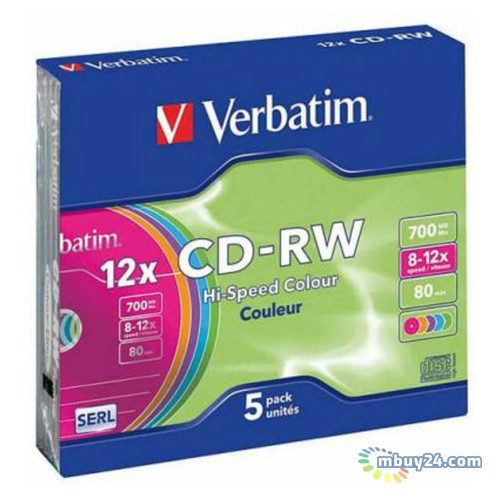 Диск Verbatim CD-RW 700 MB 12x Slim 5 шт. Кольоровий (43167) фото №1