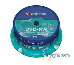 Диски Verbatim DVD-RW 4,7Gb 4x Cake 25 штук Silver (43639) фото №1
