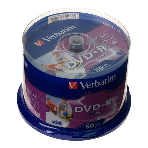 Диски Verbatim DVD+R 4,7Gb 16x Cake 50 pcs Printable фото №1