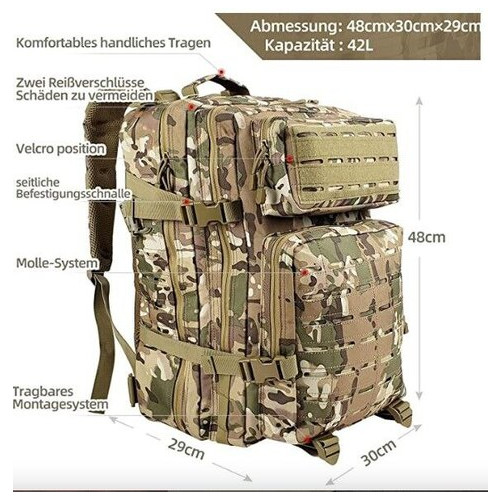 Багатофункціональний тактичний рюкзак для військових, кольори-мультикам 42л. фото №4