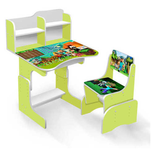 Парта шкільна Майнкрафт ЛДСП ПШ 007 (1) 69*45 см., колір салатовий, 1 стілець, з пеналом фото №1