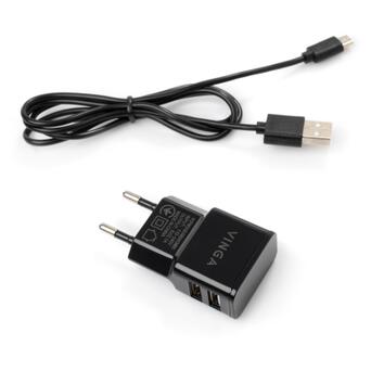 Зарядний пристрій Vinga 2 Port USB Wall Charger 2.1A microUSB cable (VCPWCH2USB2ACMBK) фото №1
