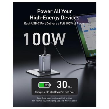 Мережева зарядка ANKER GaNPrime Charger - 100W 2xUSB-C PD & 1xUSB-A Foldable (Срібний) фото №3