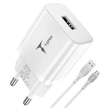 Мережна зарядка T-PHOX TCC-124 Pocket USB MicroUSB cable (Біла) фото №2