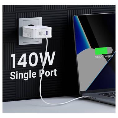 Зарядний пристрій 3xUSB 140W GaN (2хUSB-C+USB-A) CD289 with C to C Cable 1.5 м White Ugreen (15339) фото №5