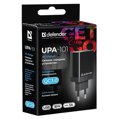 Мережева зарядка DEFENDER (83573)UPA-101 чорний, 1 USB, QC 3.0, 18W фото №3
