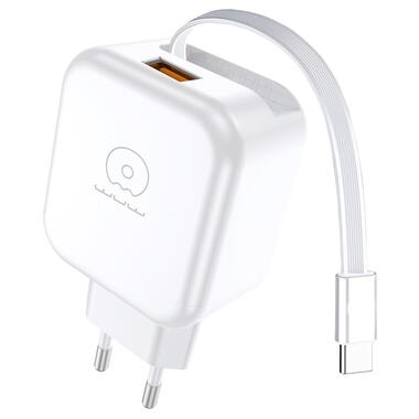 Сетевое зарядное устройство с кабелем WUW-C268 12W fast charger USB A +retractable 70cm type c Cable (6978749570044) фото №1