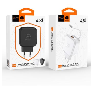 Сетевое зарядное устройство с кабелем WUW-C268 12W fast charger USB A +retractable 70cm type c Cable (6978749570044) фото №2