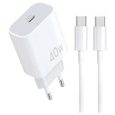 Сетевое зарядное устройство с кабелем WUW-T108 PD 40W charger with C-C cable (6978749570358) фото №1