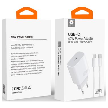 Сетевое зарядное устройство с кабелем WUW-T108 PD 40W charger with C-C cable (6978749570358) фото №2