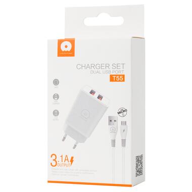 Сетевое зарядное устройство с кабелем WUW-T55 2USB/3.1A set micro (6972573333974) фото №2