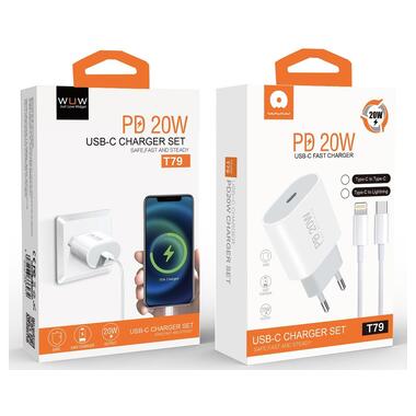 Сетевое зарядное устройство с кабелем WUW-T79L PD 20W USB C charger with type c to lightning cable (6972573336234) фото №2