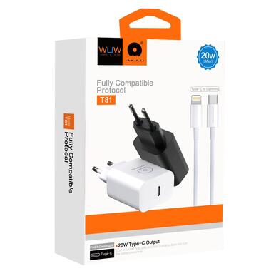 Сетевое зарядное устройство с кабелем WUW-T81L PD 20W USB C fast charger +USB C to Lightning cable kit (6972573335503) фото №2
