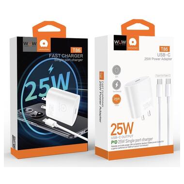 Сетевое зарядное устройство с кабелем WUW-T86C PD 25W fast charger + USB C to USB C cable set (6972573338030) фото №2