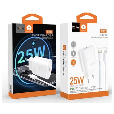 Сетевое зарядное устройство с кабелем WUW-T86L PD 25W fast charger + USB C to lighting set (6972573338207) фото №2