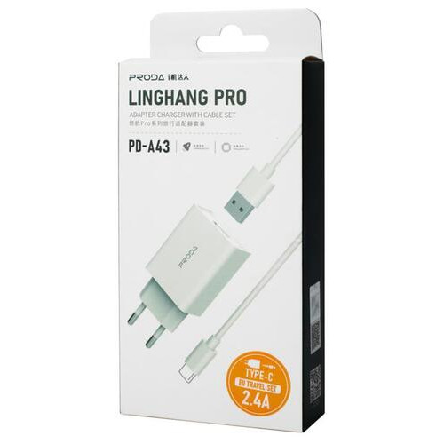 Зарядний пристрій Proda PD-A43a USB 2.4A USB-кабель Type-C White фото №5
