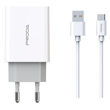 Мережевий зарядний пристрій Proda PD-A28a 2хUSB порти 2,4A + USB Type-C кабель 1 м білий фото №1