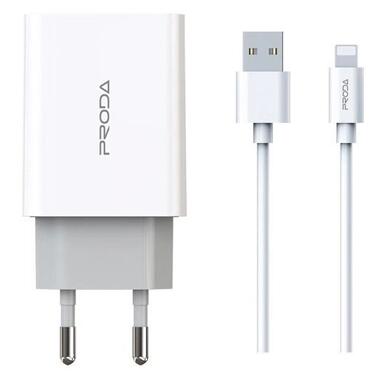 Мережевий зарядний пристрій Proda PD-A28i 2хUSB порти 2,4A + USB Ligthtning кабель 1 м білий фото №3